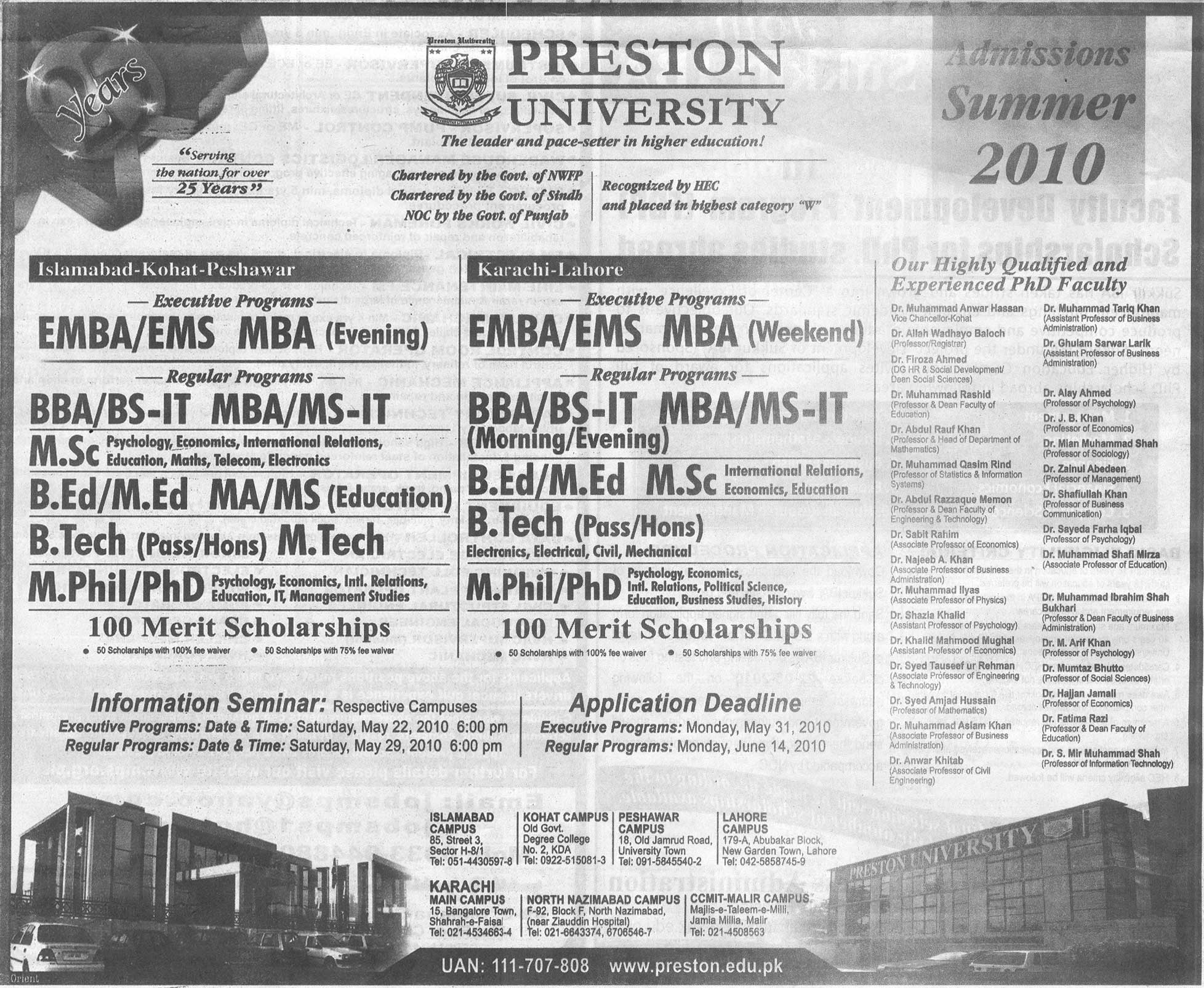Preston University Islamabad Admissions 2010 with Scholarships