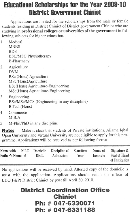 Educational Scholarships For The Year 2009-10