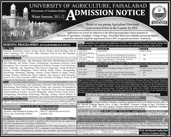 Agriculture University Faisalabad Admissions 2011