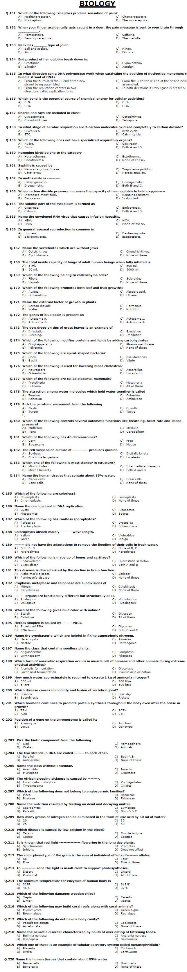 MCAT Entry Test Sample Paper For F.Sc Students