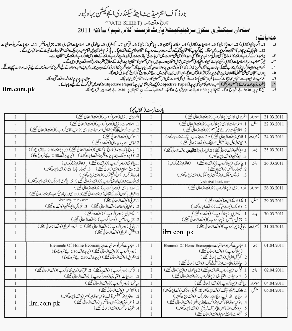 BISE Bahawalpur Board 9th Class Date Sheet 2013