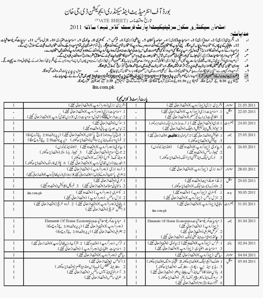 BISE DG Khan Board Date Sheet 9th class 2013