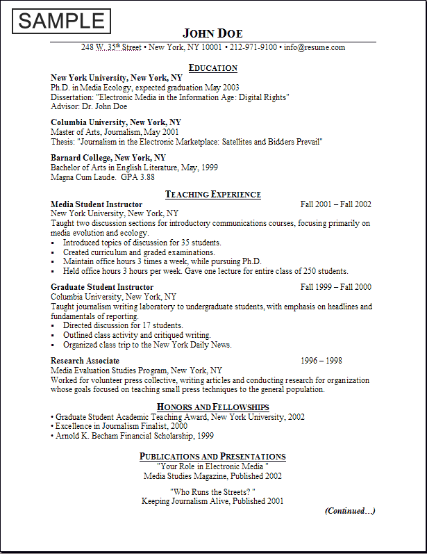 example of resume. CV Format