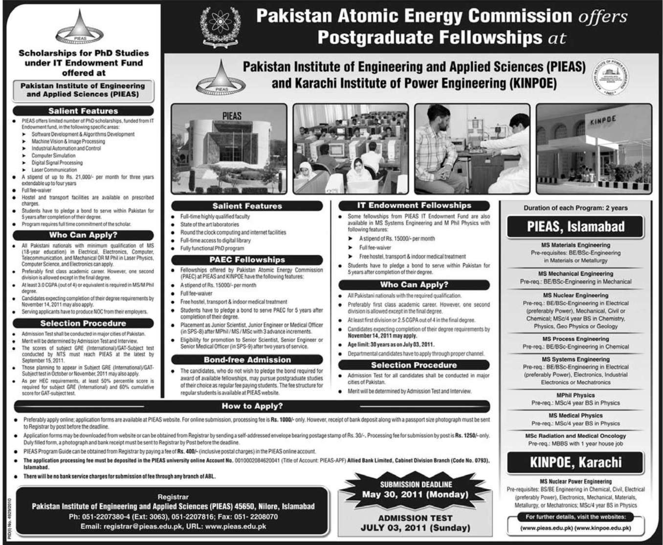 Pakistan Atomic Energy Commission Postgraduate Fellowships 2013