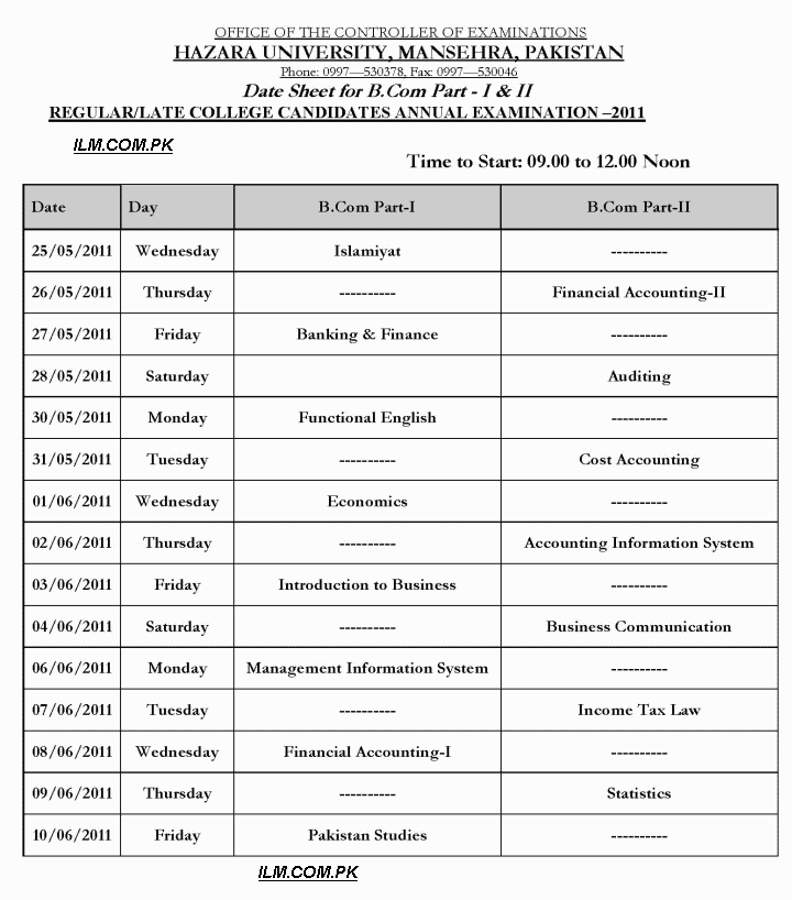 Hazara University Mansehra B.Com Datesheet 2011