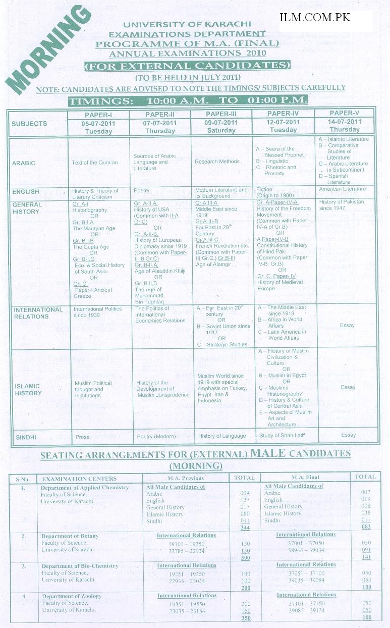 Karachi University MA Exam Date Sheet 2011