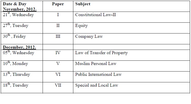 DATE SHEET FOR THE LL.B. PART-II, SUPPLEMENTARY EXAMINATION, 2012 DATE SHEET FOR THE LL.B. PART-II, SUPPLEMENTARY EXAMINATION, 2012