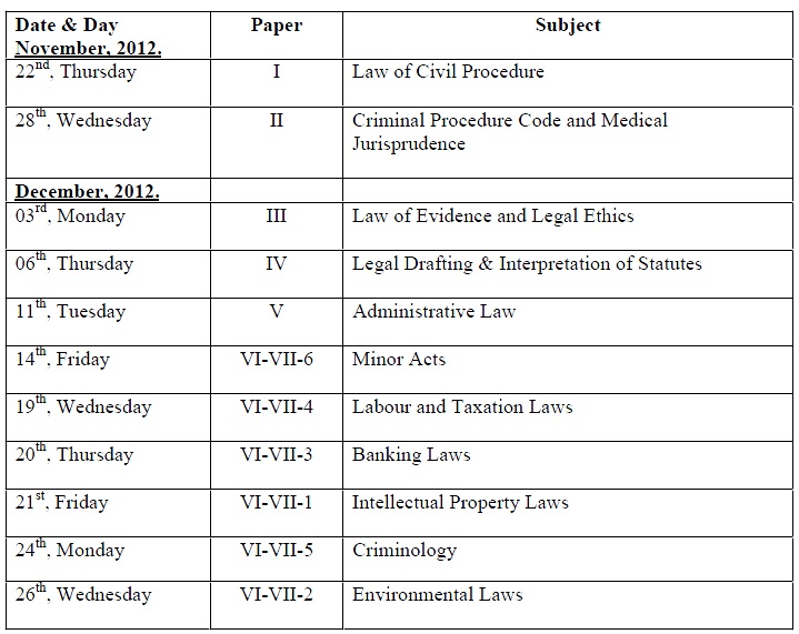 Punjab University LLB Supplementary Exams Date Sheet 2012