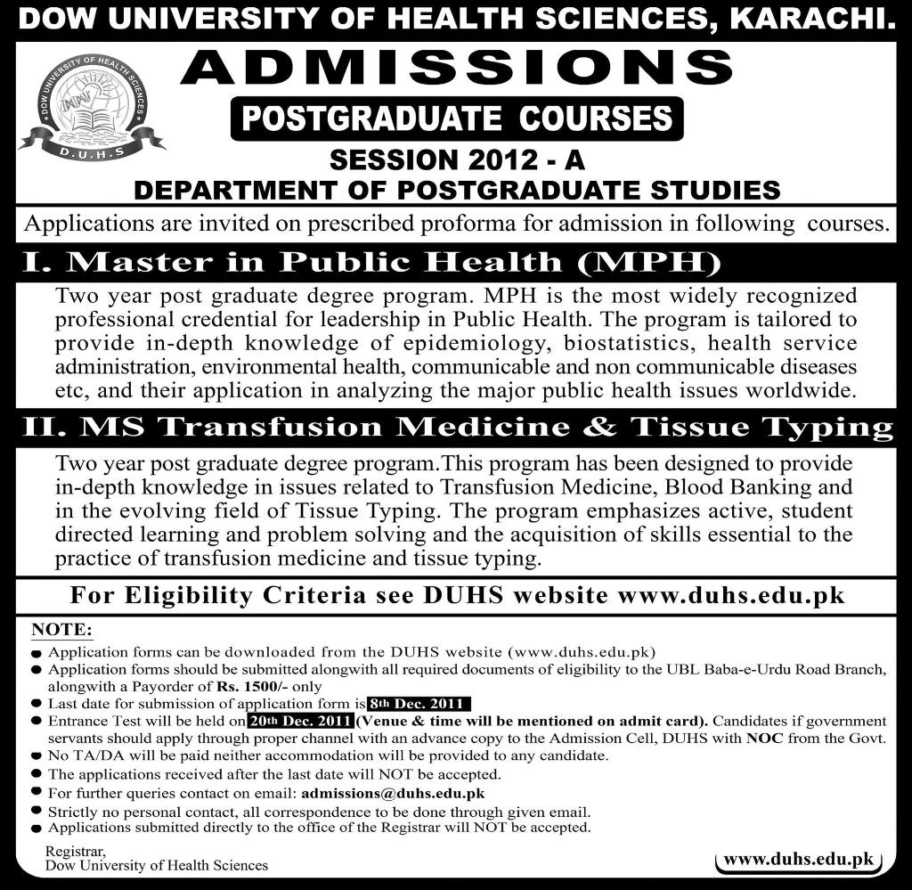 Dow University Of Health Sciences Postgraduates Admission 2012