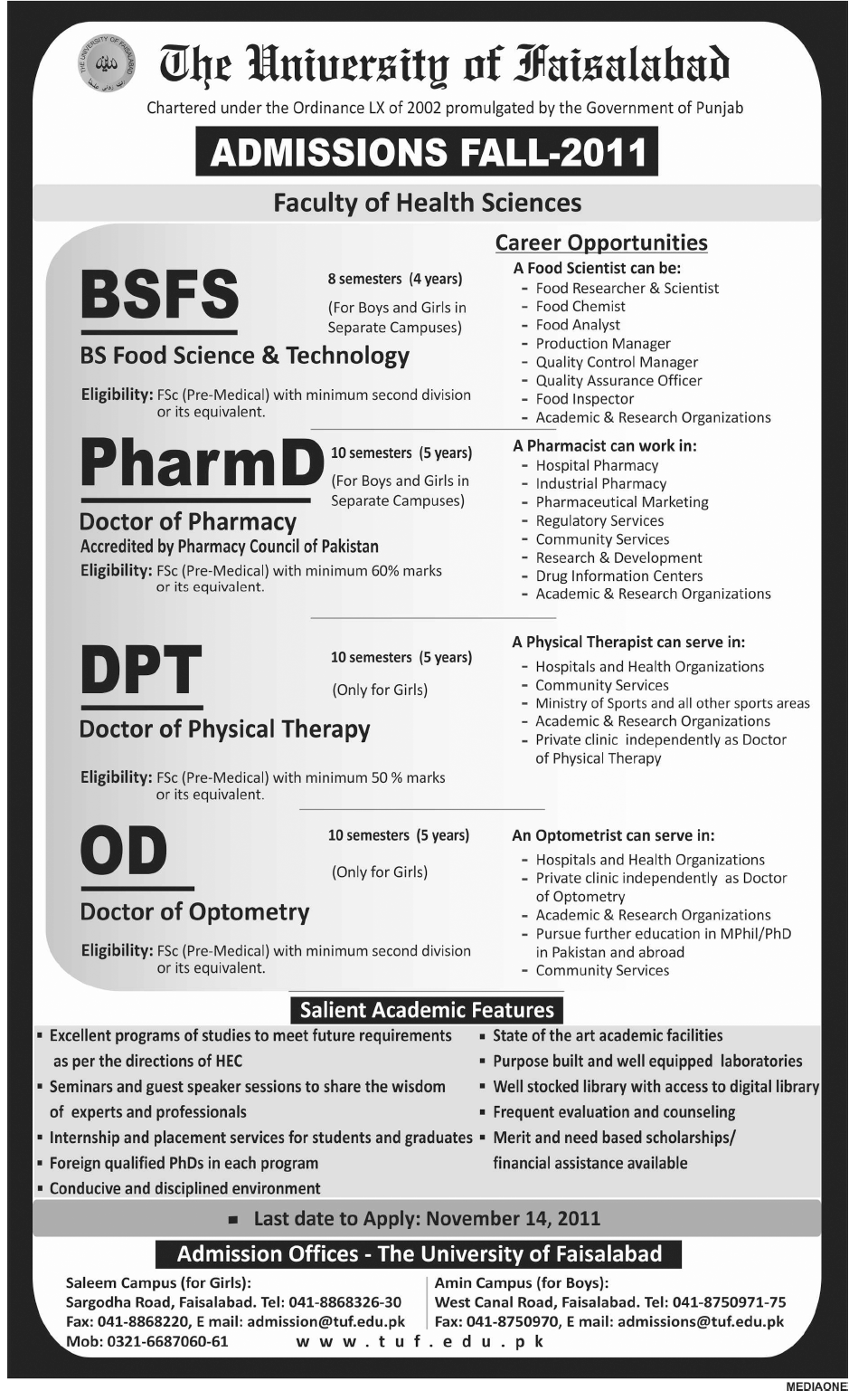 The University Of Faisalabad Admission 2011