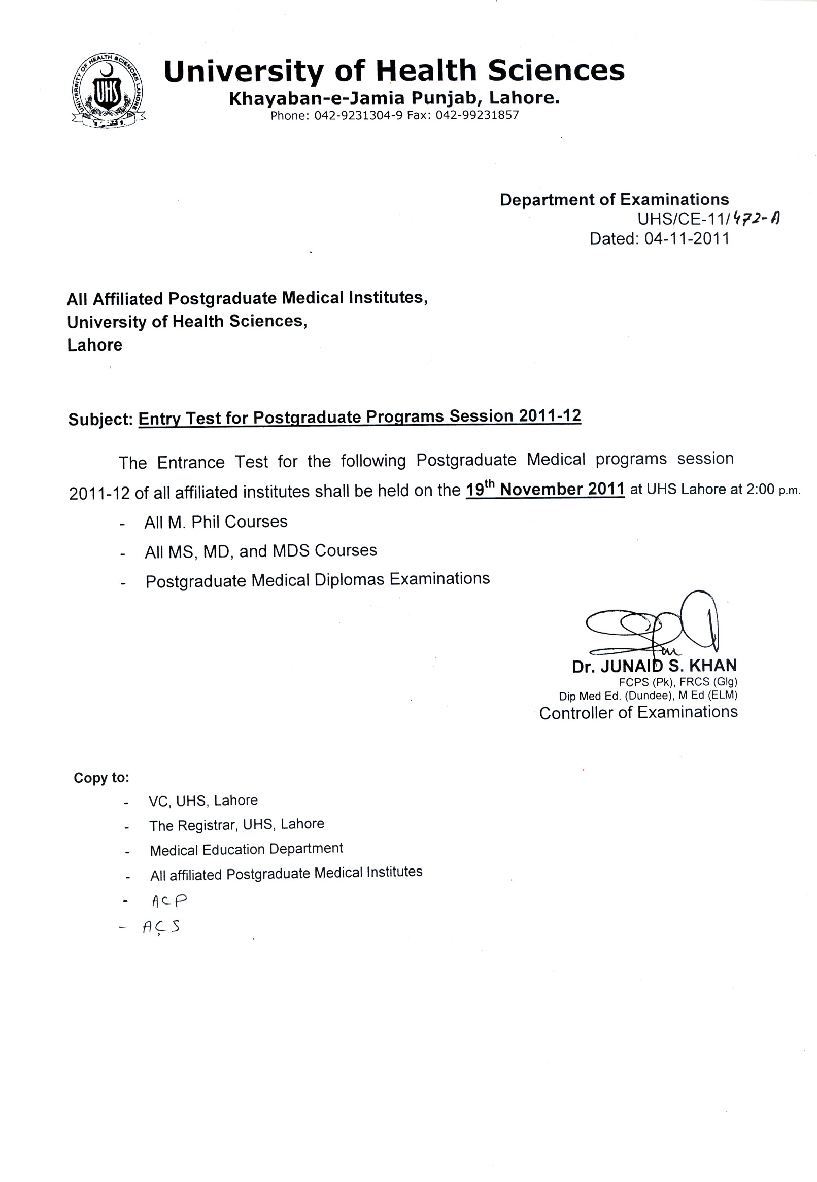 UHS Postgraduate Entrance Test 2011