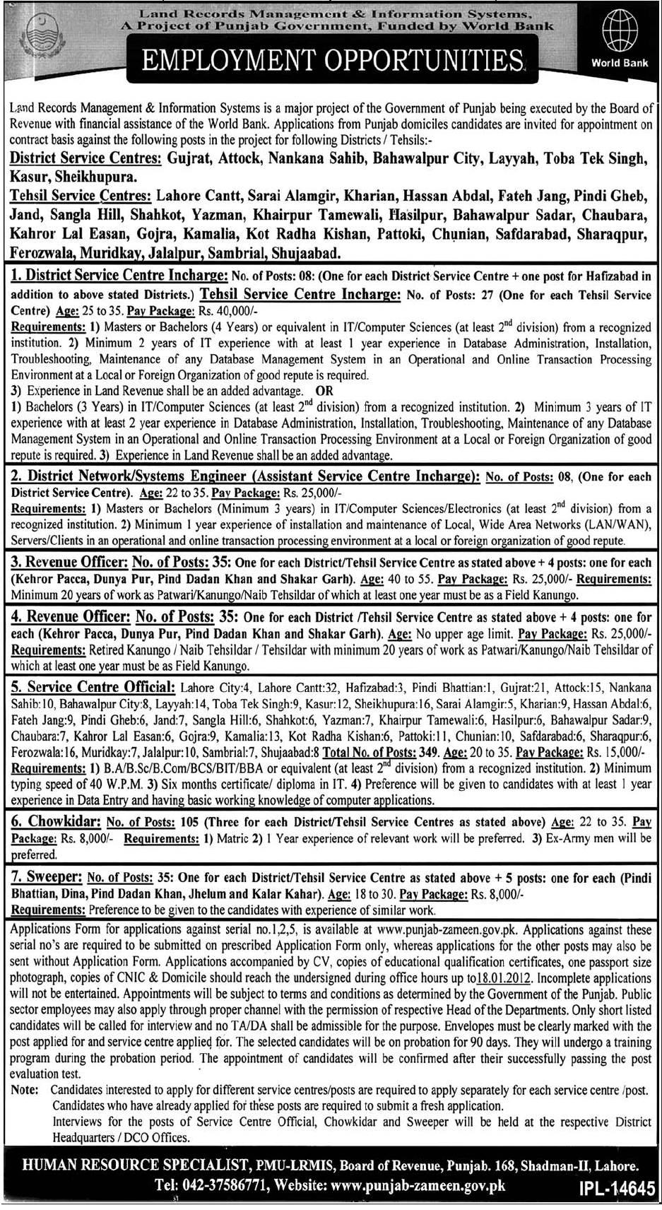 Punjab Government Board Of Revenue Jobs 2011-2012