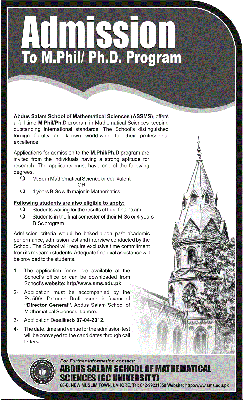 GCU Lahore MPhil and PhD Admissions In Mathematical Sciences 2012