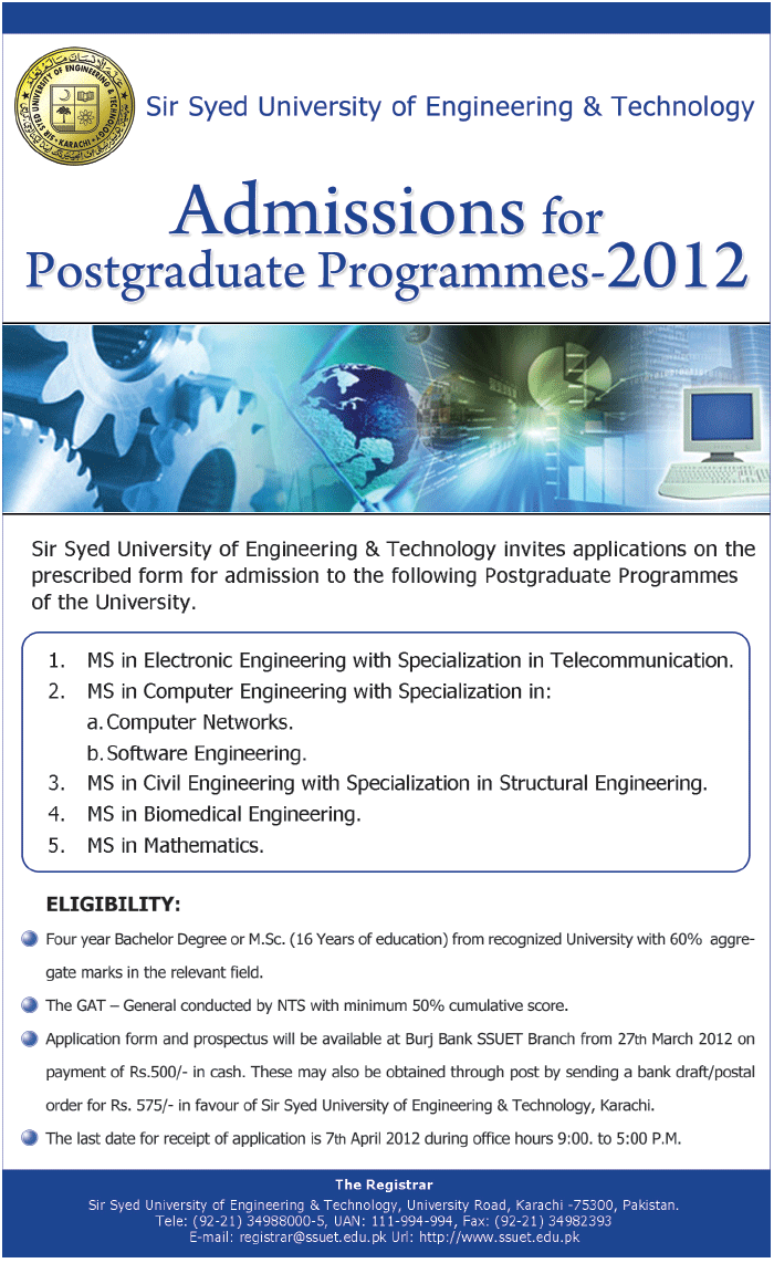 Sir Syed University Of Engineering and Technology Karachi Admission 2012