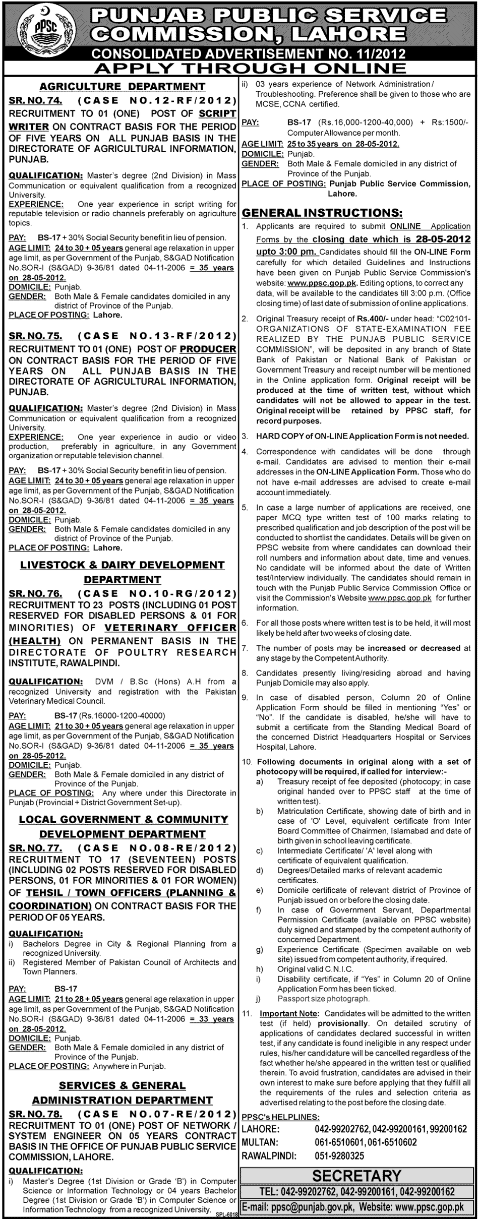 PPSC announced 17th Grade Jobs 2012