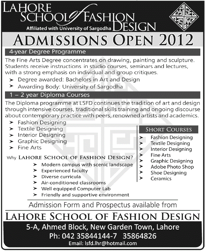 Lahore School of Fashion Designing Admission 2013