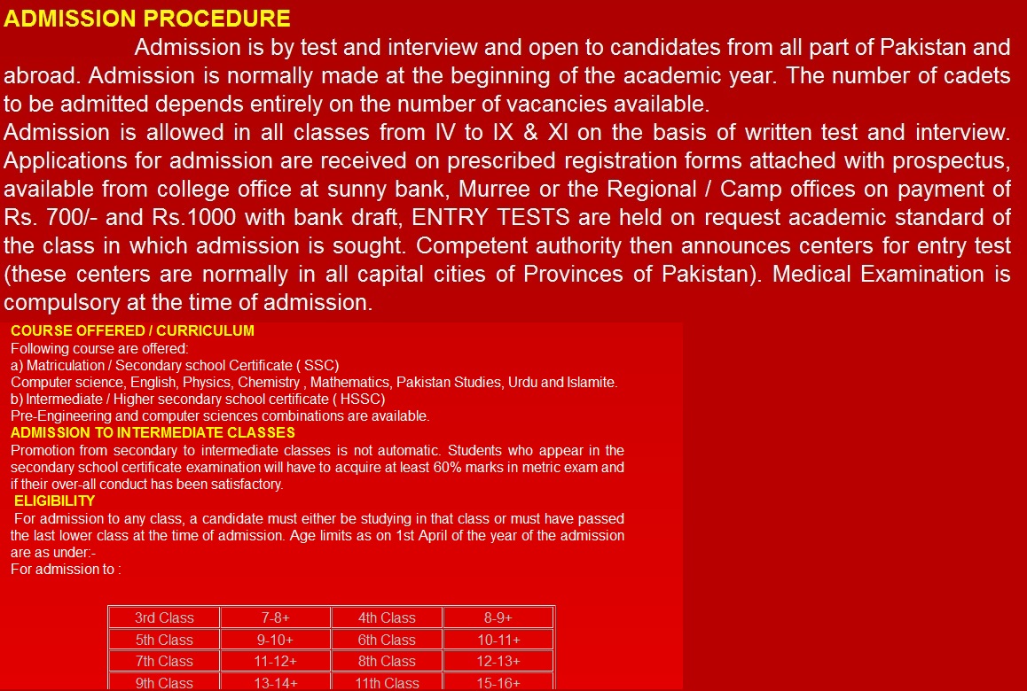 Pakistan Cadet School & College Murree Admission 2012