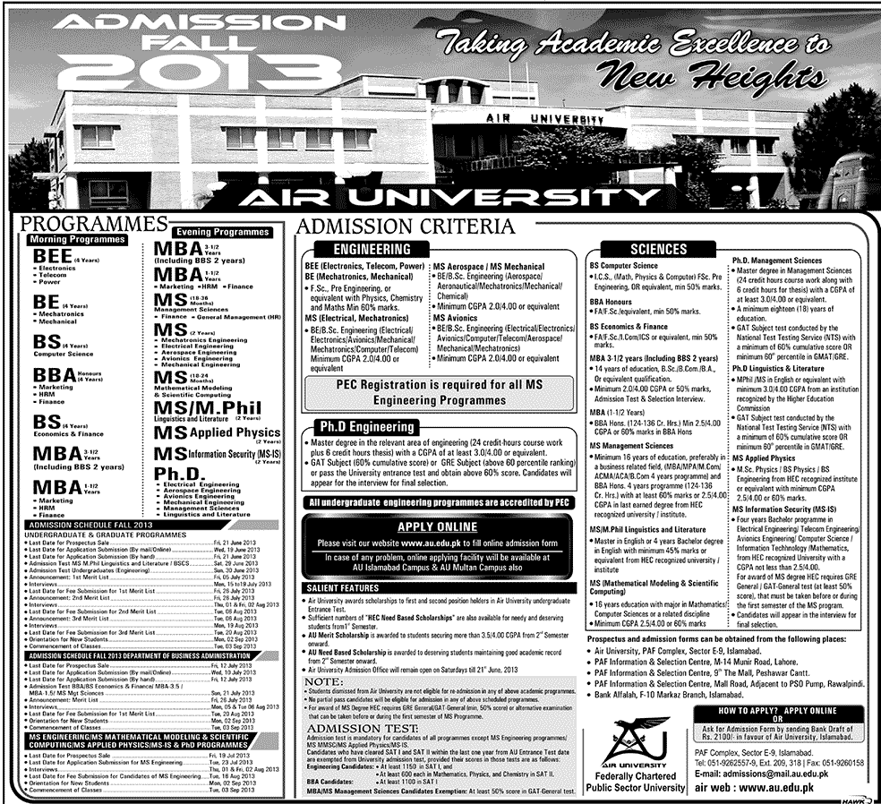 Air University Admissions Fall 2013 are Open Now
