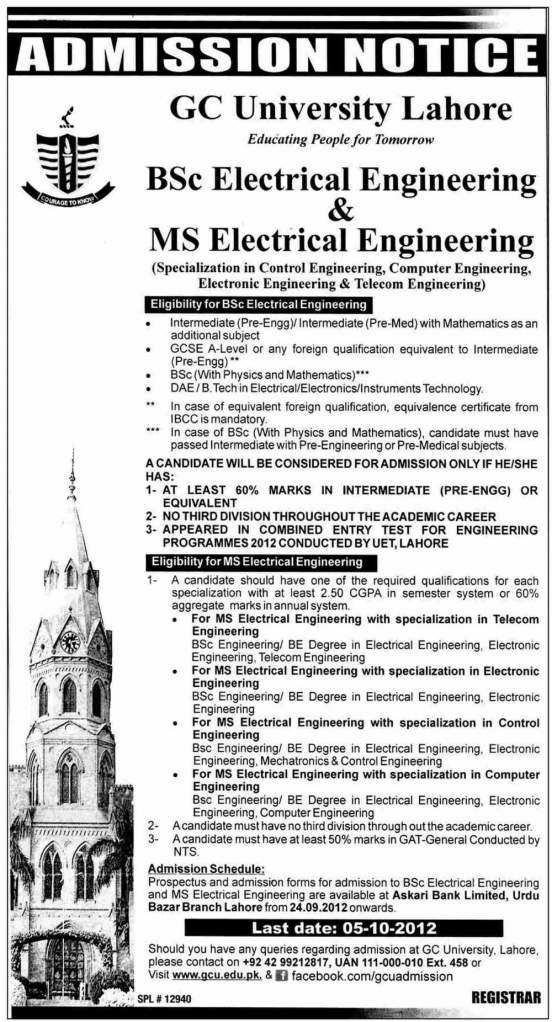 GC University Lahore B.Sc & MS Electrical Engineering Admissions 2012