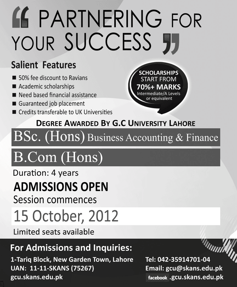 Skans School of Accountancy Admissions 2012 Awarded by GC University of Lahore