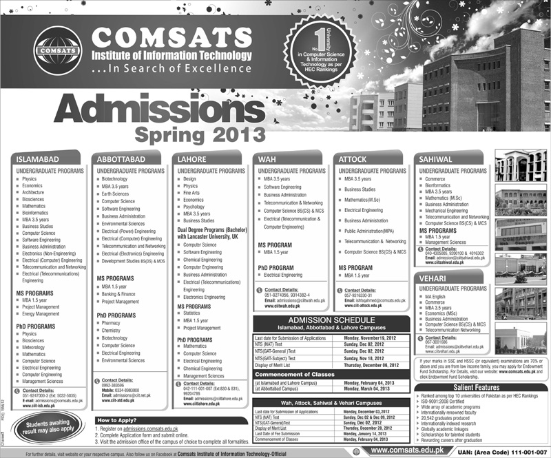 COMSATS Spring Admissions 2013 Comsats Spring Admissions 2013