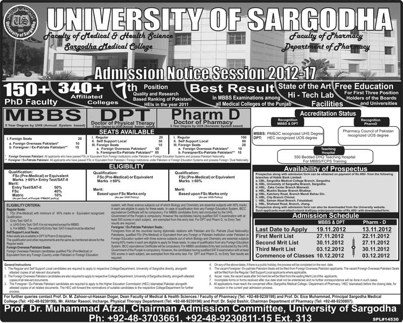 University Of Sargodha MBBS DPT Pharm D Admission 2014 Merit Lists