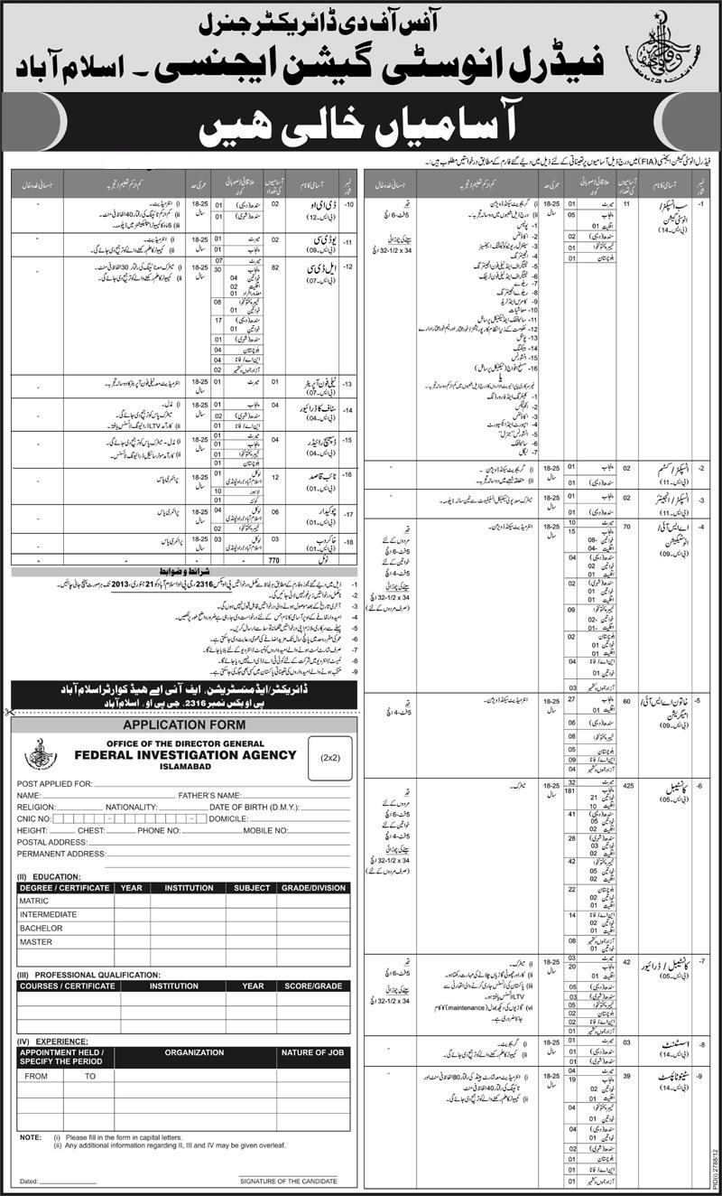 FIA Jobs 2013 Pakistan, Inspector Sub Inspector, Asi, Constable