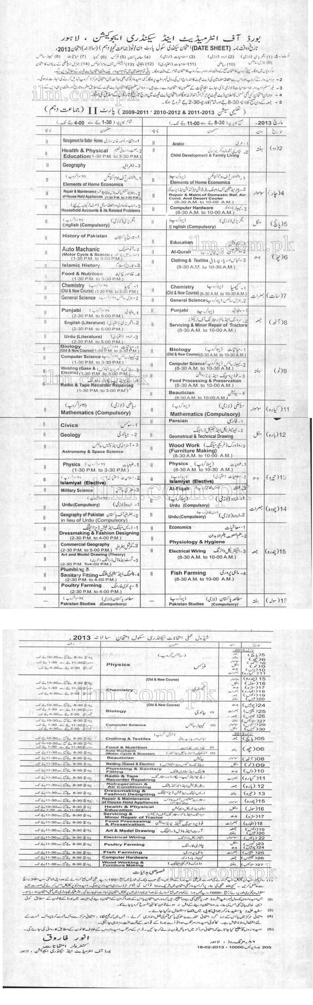 BISE Lahore Board 10th Class Date Sheets 2013 