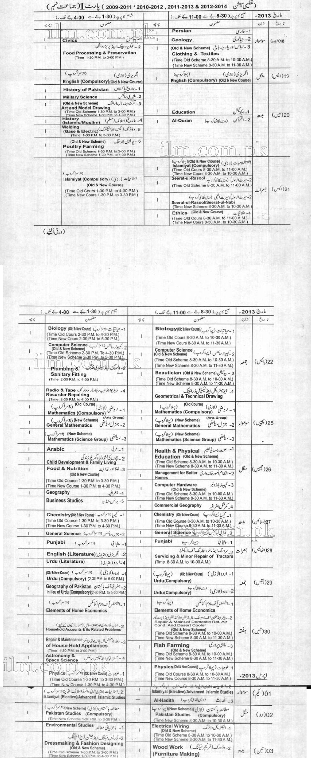 BISE Lahore Board 9th Class Date Sheet 2013