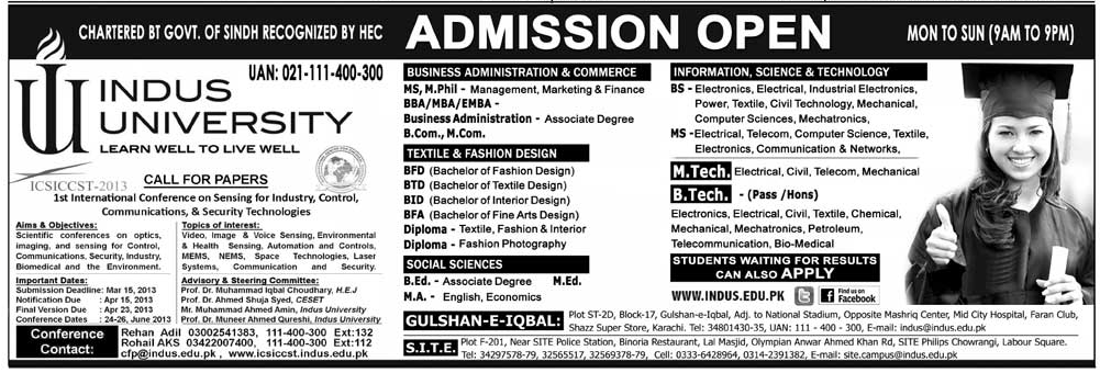Indus University Karachi Admission 2013