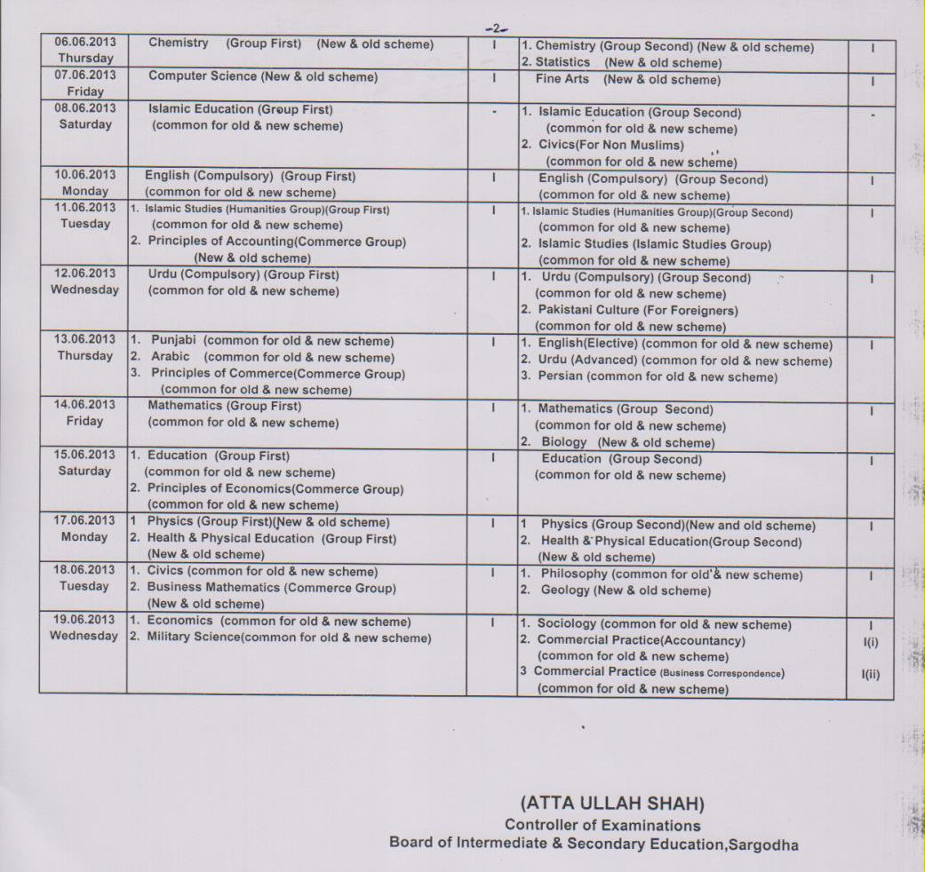 BISE Sargodha Board Inter part 1, 2 Date Sheet 2013 1