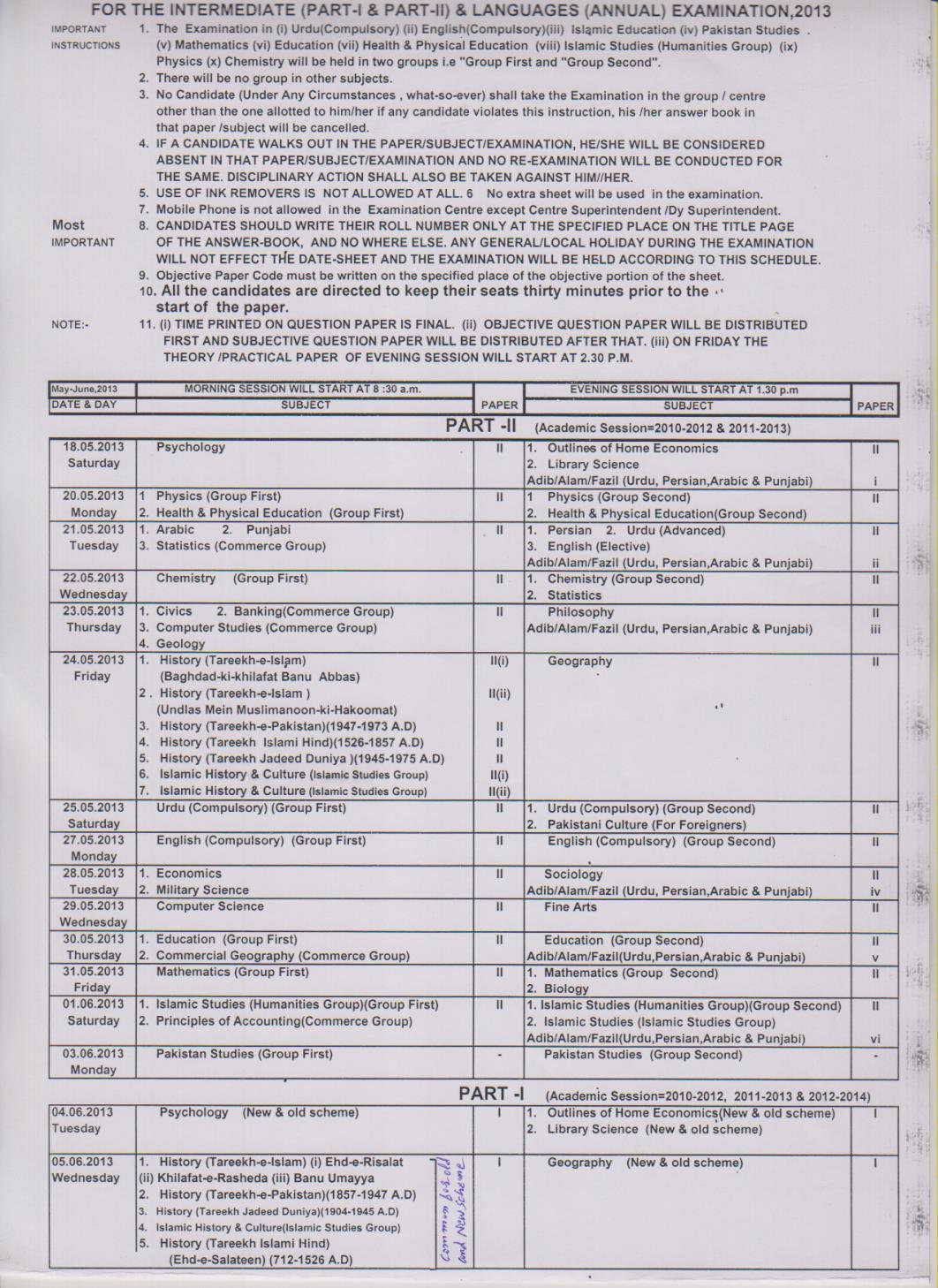 BISE Sargodha Board Inter part 1, 2 Date Sheet 2013