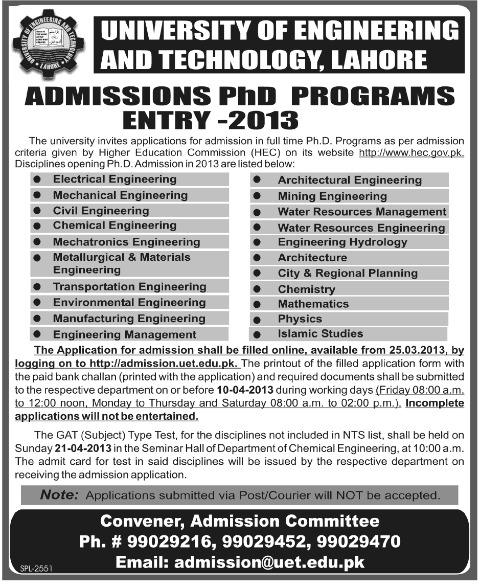 UET Lahore PhD Admissions 2013 