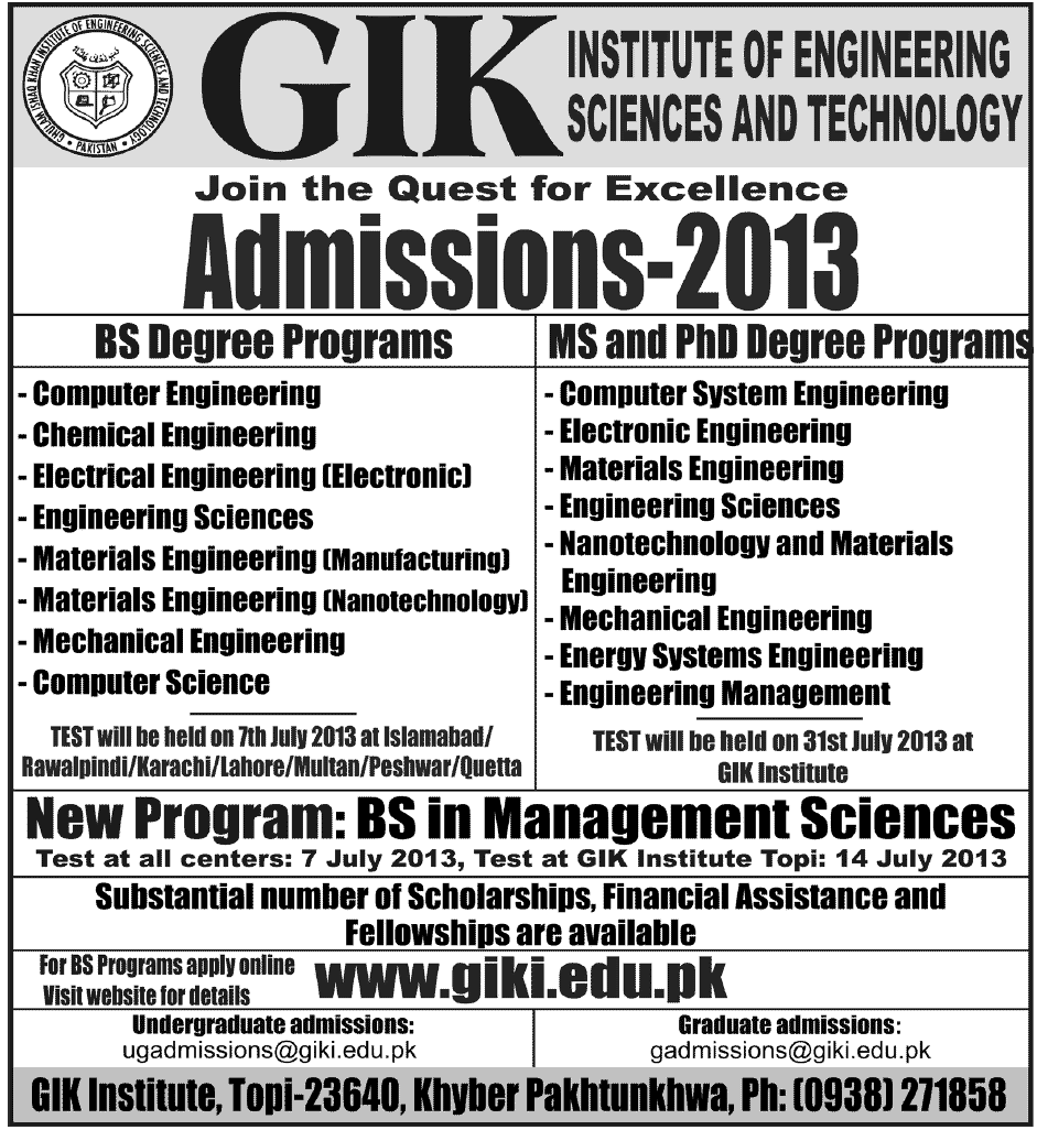 GIKI Undergraduate Admissions 2014 Form, Fees, Entry Test