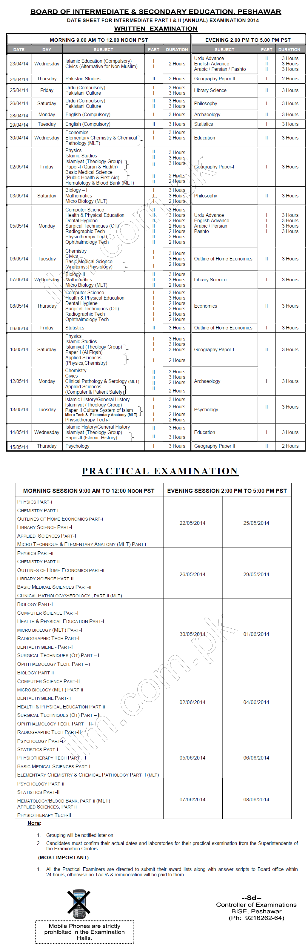 BISE Peshawar Board Inter Part 1, 2 Date Sheet 2014