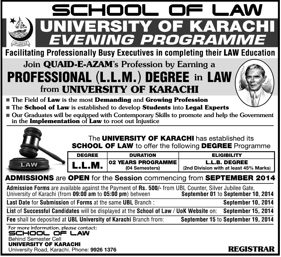 School of Law University of Karachi LLB Admission 2016 Form, List