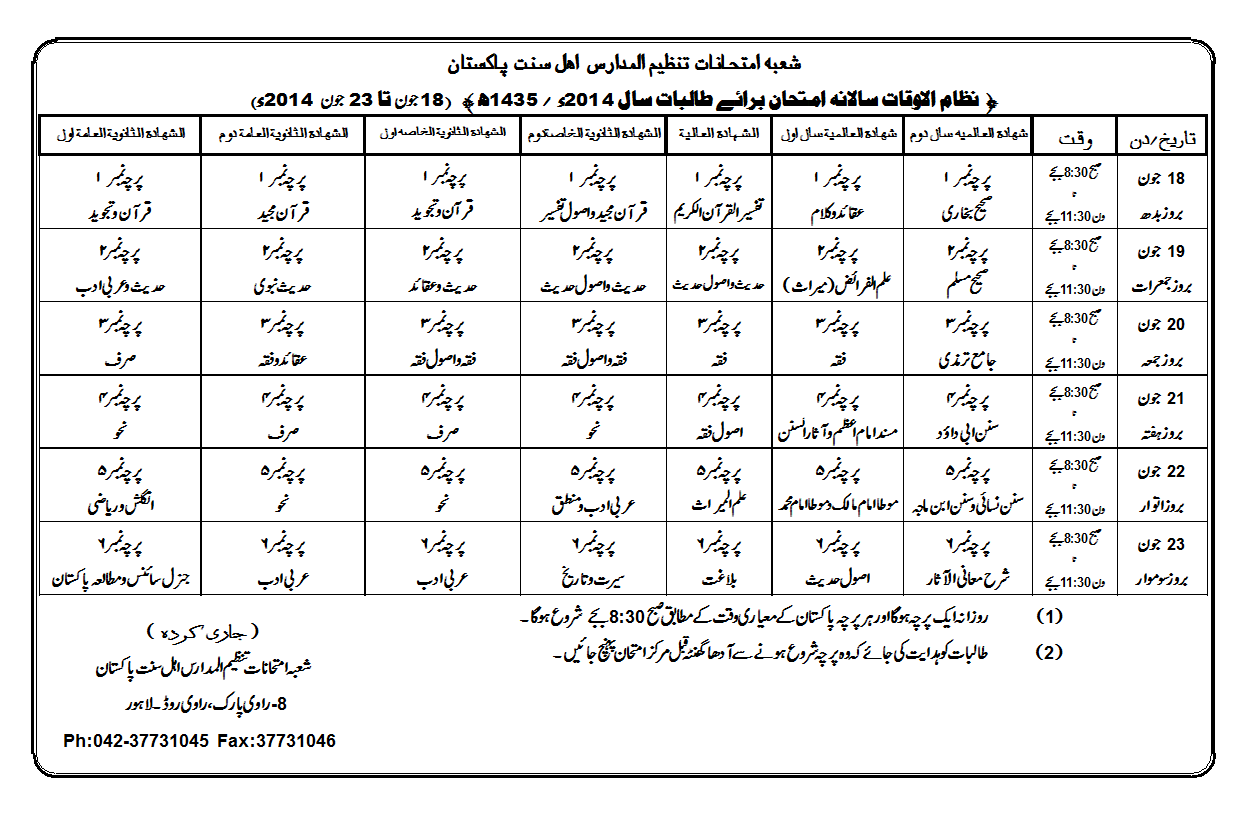 Tanzeem-Ul-Madaris Tanzeem Ul Madaris Ahle Sunnat Lahore Date Sheet 2014 , 4.1 out of 10 ...
