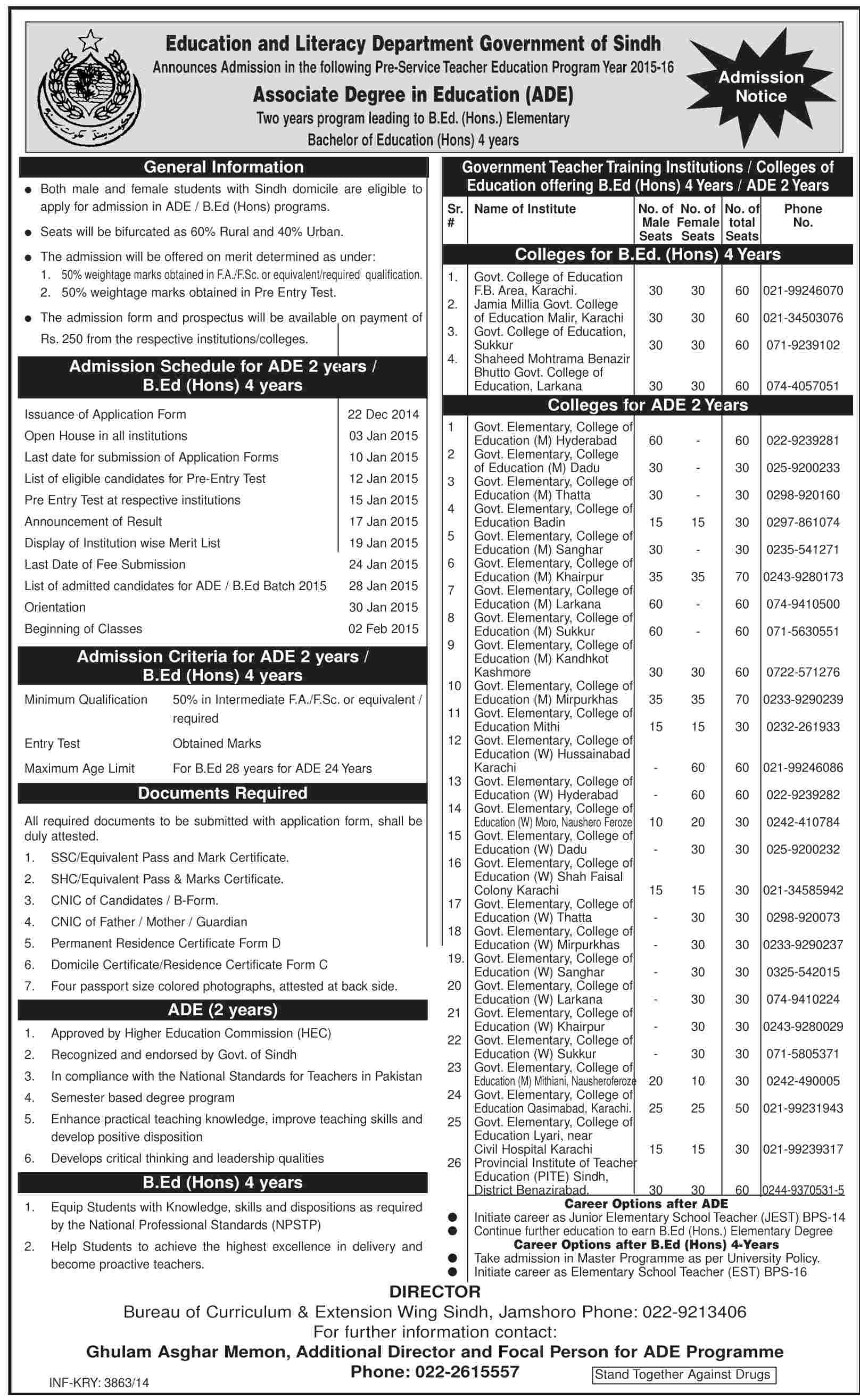 Education And Literacy Department Sindh ADE, B. Ed Admissions 2015-16