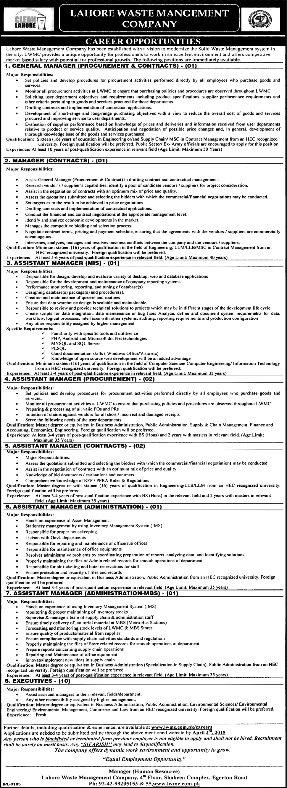 Lahore Waste Management Company LWMC Jobs 2015 Apply Online Last Date