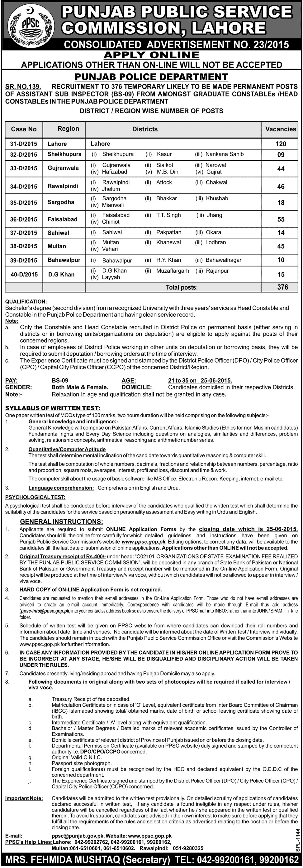 PPSC ASI Jobs In Punjab Police 2015 Apply Online Application Form