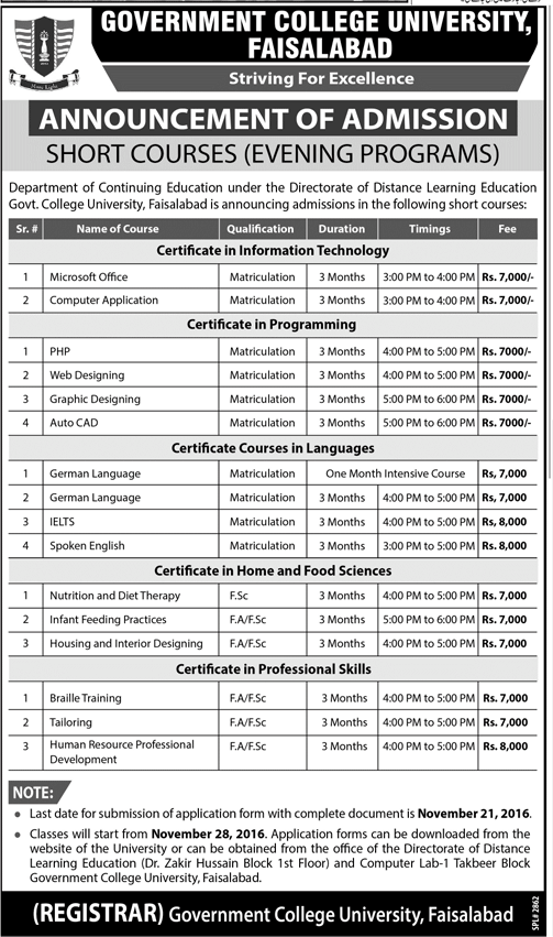 GC University Faisalabad Short Courses Admission 2016 Form