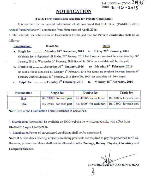 UOG BA, BSc Annual Exams Form, Fee Schedule 2016 Private, Regular Students