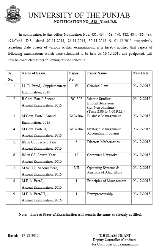 University Of The Punjab PU Date Sheets 2016-15 BA/BSc,MA/MSc,B.Com,M ...