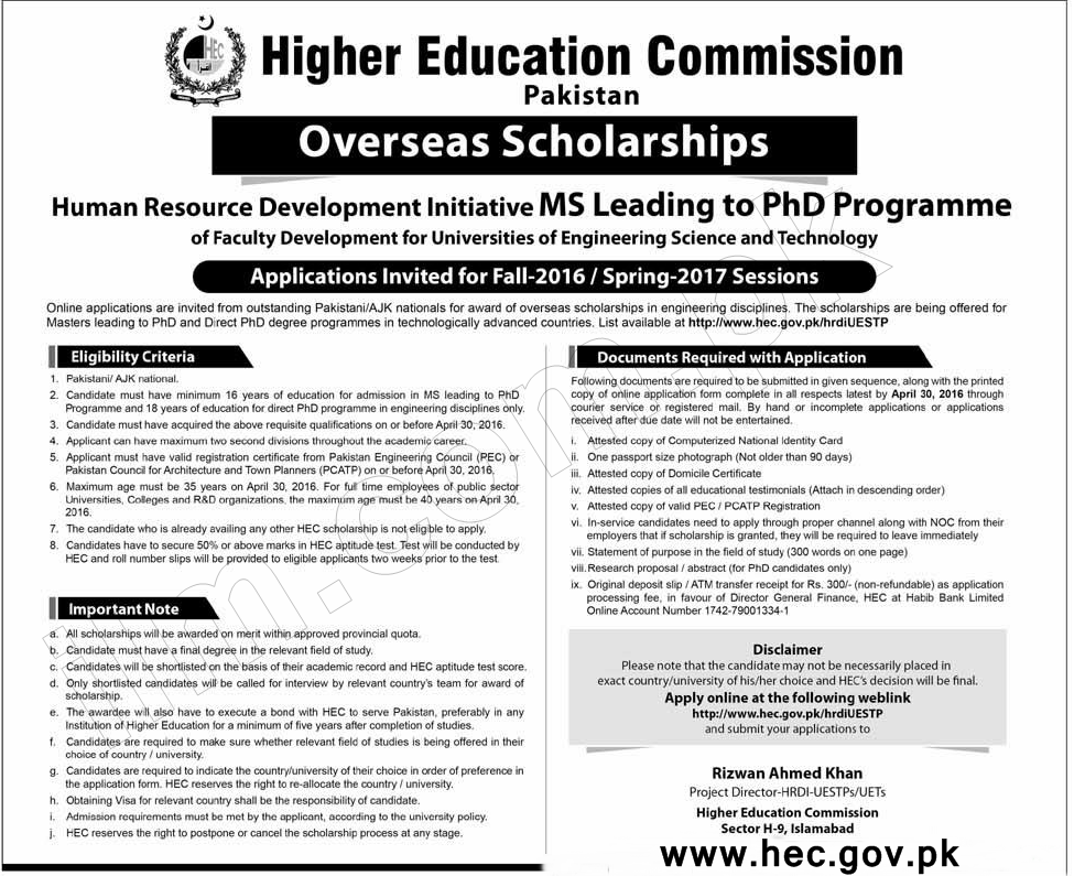 HEC Overseas Scholarships 2018 Advertisement Application Form Last Date