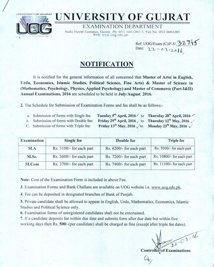 UOG MA, MSc, Admissions 2016 Examination Form Fee Schedule