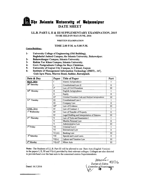 Iub Llb Part 1, 2, 3 Supplementary Date Sheet 2015-2016 Download