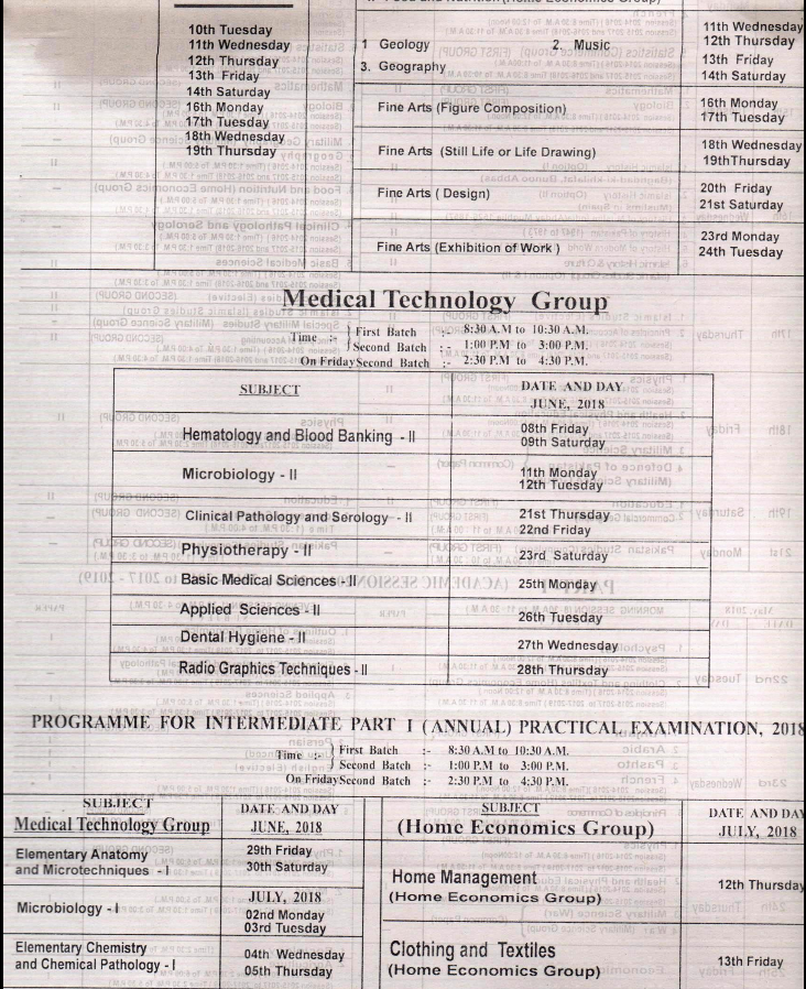 BISE Lahore Board Inter Part 1, 2 FA, FSC Date Sheet 2018