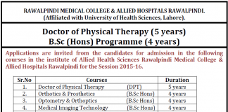 Rawalpindi Medical College BSC Admission 2016 Form, Requirement DPT, MIT, MLT