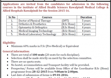 Rawalpindi Medical College BSC Admission 2016 Form, Requirement DPT, MIT, MLT
