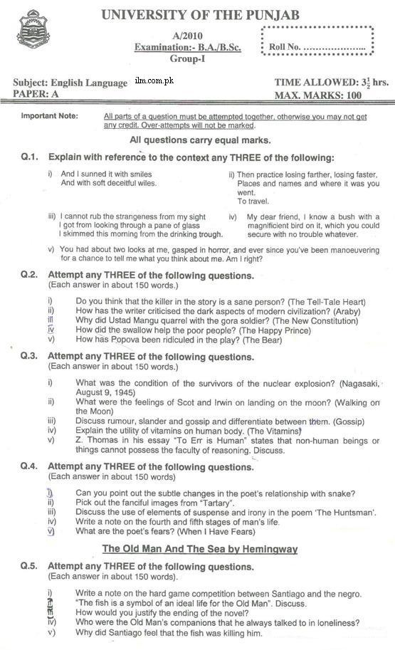 B.A English Paper A Punjab University 2010